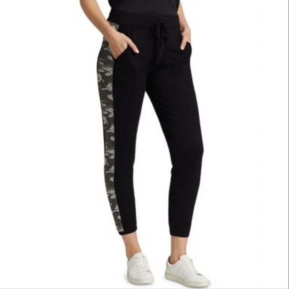 NWT REVOLVE Monrow Black Cashmere blend Vintage Sweats with Camo Stripe - Picture 1 of 8